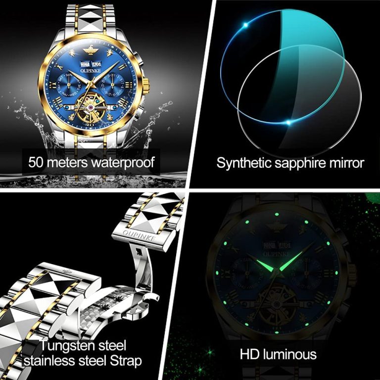 OUPINKE Watches for Men Luxury Automatic Mechanical Tungsten Steel Casual Luminous Formal Wristwatch Skeleton Waterproof Sapphire Calendar Best Gifts for Men Watch