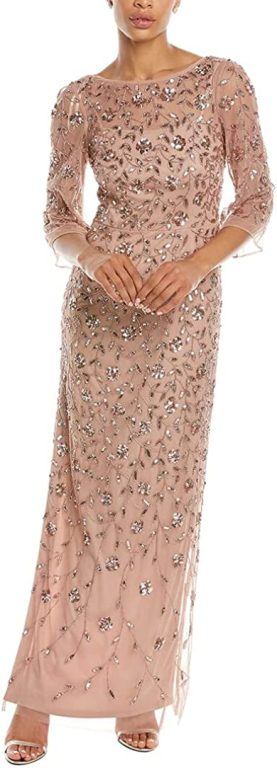 Adrianna Papell Women’s Beaded Illusion Column Gown, Rose Gold, 8