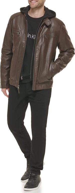 Calvin Klein Men’s Faux Lamb Leather Moto Jacket with Removable Hood and Bib