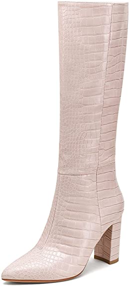 Modatope Knee High Boots Women Riding Boots for Women Tall Boots Long Boots Calf High Boots GoGo Boots Chunky Faux Crocodile Boots Block Heel Pointed Toe Boots Size 6-11