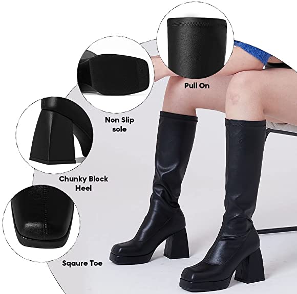 Kalstage Knee High Boots for Women Square Toe Chunky High Heels Leather Strtetch GoGo Boots Side Zipper Mid Calf Boots Platform Boots