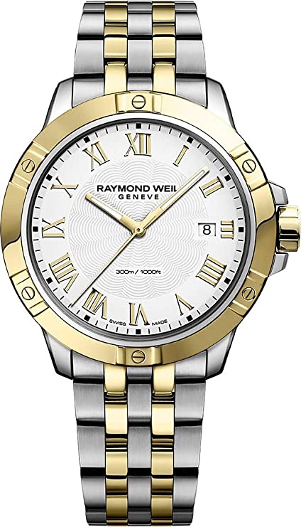 RAYMOND WEIL Tango Classic Men’s Watch, Quartz, White Dial, Roman Numerals, Two-Tone, Stainless Steel Bracelet with Yellow-Gold PVD Plating, 41 mm (Model: 8160-STP-00308)