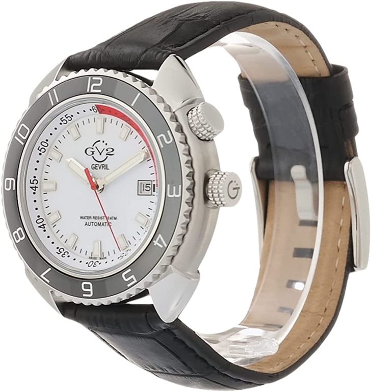 GV2 Men’s Swiss Automatic from The Squalo Collection, Genuine Black Leather Strap Watch