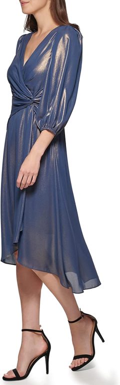 DKNY Women’s Faux Wrap Dress, Denim/Gold, 8