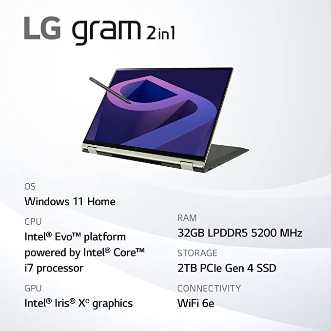 LG Gram (2022) 16T90Q 2-in-1 Tablet Laptop, 16″ (2560 x 1600) IPS Display, Intel Evo 12th Gen i7 1260P Processor, 32GB LPDDR5, 2TB NVMe SSD, FHD Webcam, WiFi 6E, Thunderbolt 4, Windows 11, Green