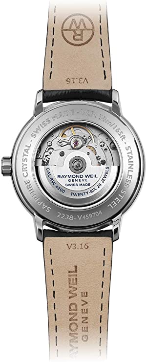 RAYMOND WEIL Maestro Men’s Automatic Watch, Stainless Steel, Silver Dial Roman Numerals, Black Leather Strap 39.5 mm (Model: 2238-STC-00659)