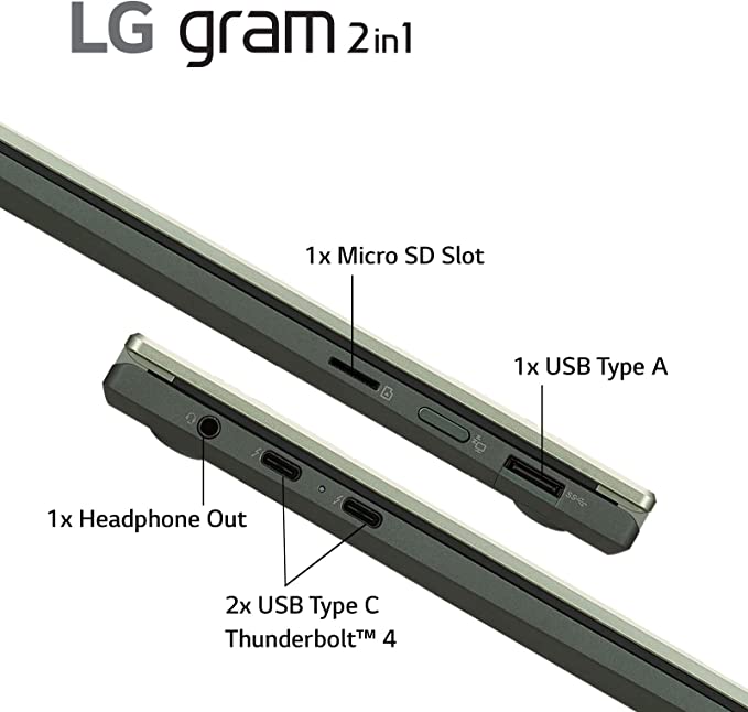 LG Gram (2022) 16T90Q 2-in-1 Tablet Laptop, 16″ (2560 x 1600) IPS Display, Intel Evo 12th Gen i7 1260P Processor, 32GB LPDDR5, 2TB NVMe SSD, FHD Webcam, WiFi 6E, Thunderbolt 4, Windows 11, Green