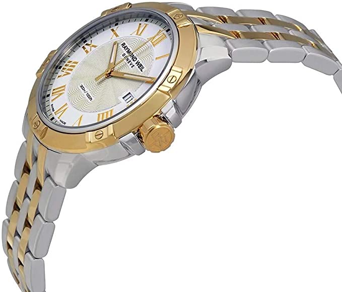 RAYMOND WEIL Tango Classic Men’s Watch, Quartz, White Dial, Roman Numerals, Two-Tone, Stainless Steel Bracelet with Yellow-Gold PVD Plating, 41 mm (Model: 8160-STP-00308)