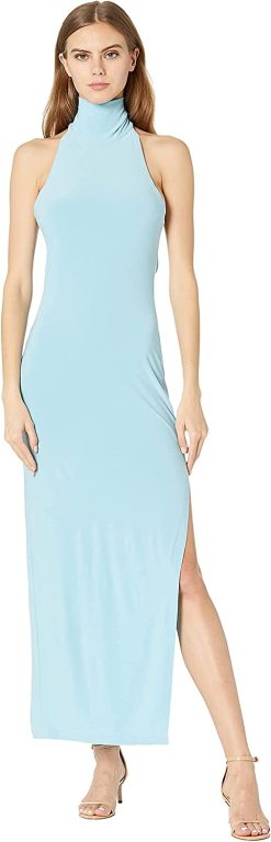 Norma Kamali womens Halter Turtle Side Slit Gown Formal Dress, Powder Blue, Small US