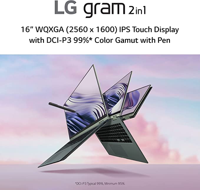 LG Gram (2022) 16T90Q 2-in-1 Tablet Laptop, 16″ (2560 x 1600) IPS Display, Intel Evo 12th Gen i7 1260P Processor, 32GB LPDDR5, 2TB NVMe SSD, FHD Webcam, WiFi 6E, Thunderbolt 4, Windows 11, Green