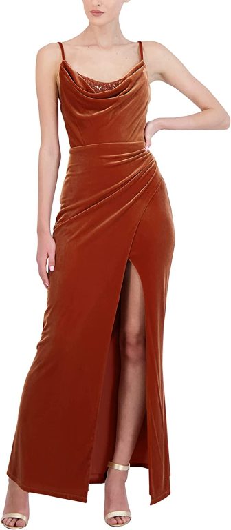 BCBGMAXAZRIA Women’s Fit and Flare Long Evening Gown Adjustable Spaghetti Strap Cowl Neck Sequin Trim Corset Dress