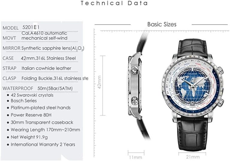 AGELOCER Men’s Top Brand World Time Diamond Blue Dial Mechanical Calendar Fashion Luxury Watch