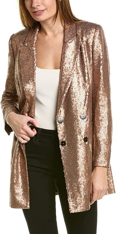 BCBGMAXAZRIA Women’s Relaxed Double Breasted Sequin Blazer Long Sleeve Peak Lapel Pocket Button Front Jacket