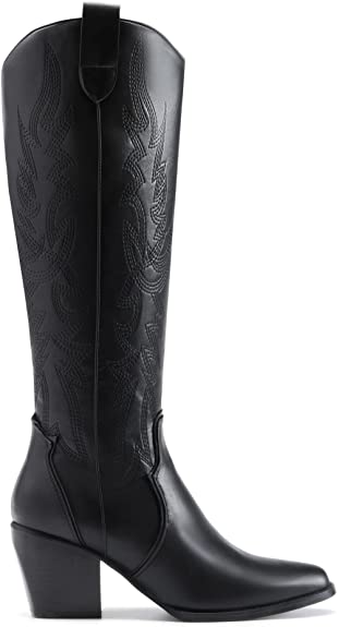 DREAM PAIRS Womens Cowboy Boots, Comfortable Pull On Zipper Chunky Heel Pointed Toe Embroidered Western Cowgirl Knee High Boots