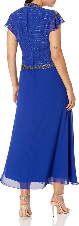 J Kara Women’s Petite Faux Wrap Long Dress W/Flutter Sleeve