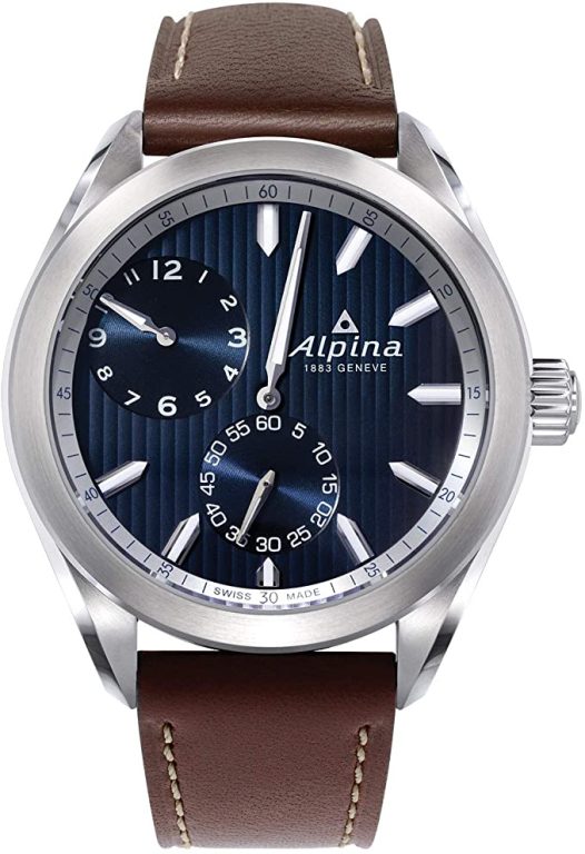 Alpina Men’s ALPINER Stainless Steel Swiss Quartz Sport Watch with Leather Strap, Brown, 22 (Model: AL-650NNS5E6), Silver