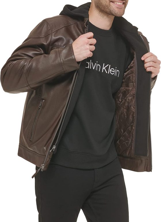 Calvin Klein Men’s Faux Lamb Leather Moto Jacket with Removable Hood and Bib