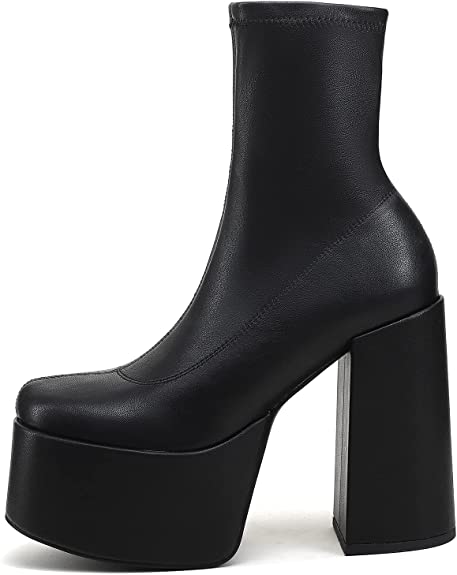 Easyfox Platform Boots for Women Mid Calf Chunky High Heels Ankle Booties Slip on Round Toe Elastic PU Leather Short Boots