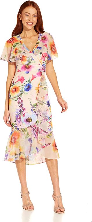 Adrianna Papell Women’s Floral Faux Wrap Ruffle Dress