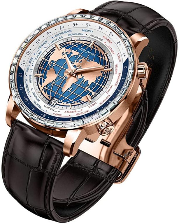 AGELOCER Men’s Top Brand World Time Diamond Blue Dial Mechanical Calendar Fashion Luxury Watch