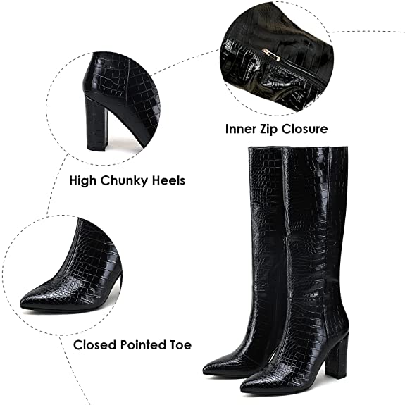 Modatope Knee High Boots Women Riding Boots for Women Tall Boots Long Boots Calf High Boots GoGo Boots Chunky Faux Crocodile Boots Block Heel Pointed Toe Boots Size 6-11