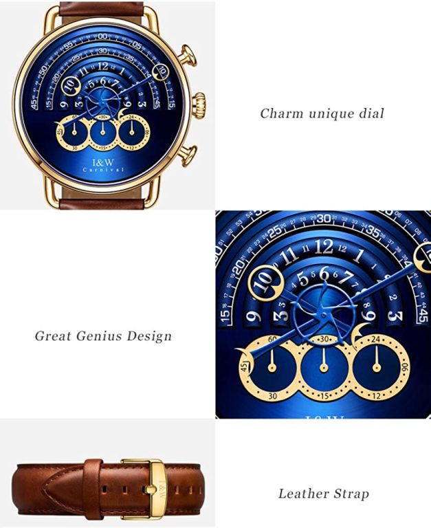 Luxury Men’s Big Dial Chronograph Sapphire Glass Waterproof Quartz Black Leather Gold Watches