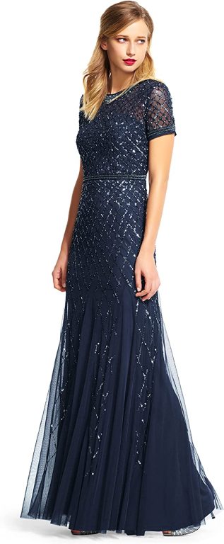 Adrianna Papell Women’s Short-Sleeve Beaded Mesh Gown