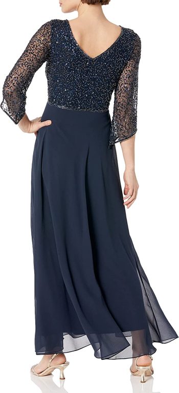 J Kara Women’s Petite 3/4 Sleeve V-Neck Embellished Top Long Dress