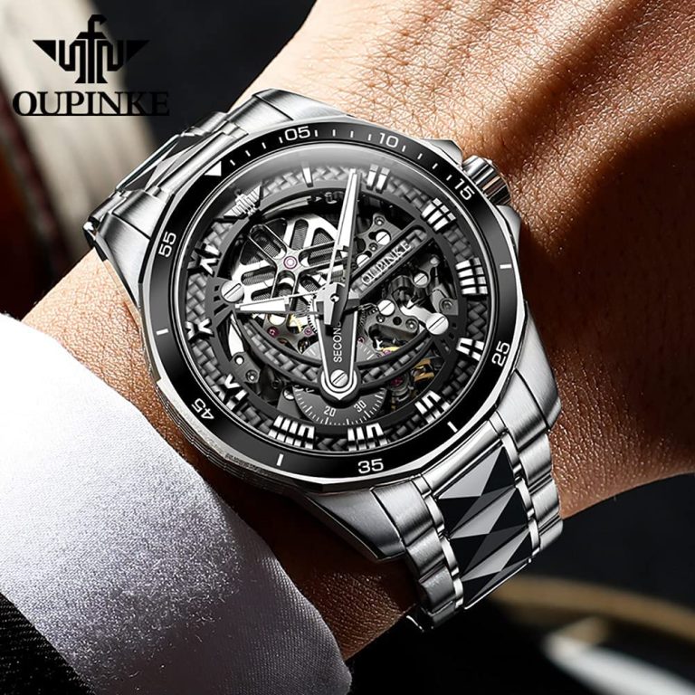 OLEVS Mens Automatic Watches for Men Skeleton Mechanical Luxury Black Silver Wrist Watches Waterproof Luminous Sapphire Crystal