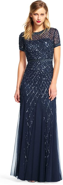 Adrianna Papell Women’s Short-Sleeve Beaded Mesh Gown