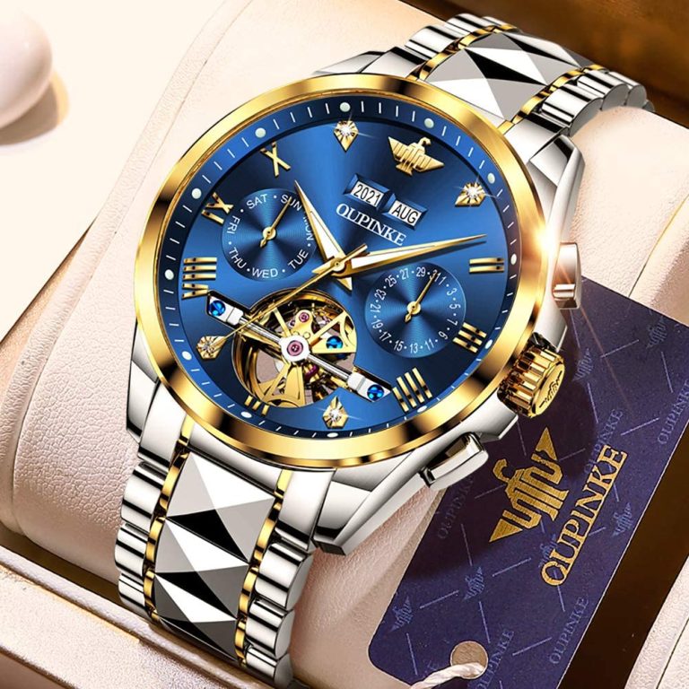 OUPINKE Watches for Men Luxury Automatic Mechanical Tungsten Steel Casual Luminous Formal Wristwatch Skeleton Waterproof Sapphire Calendar Best Gifts for Men Watch