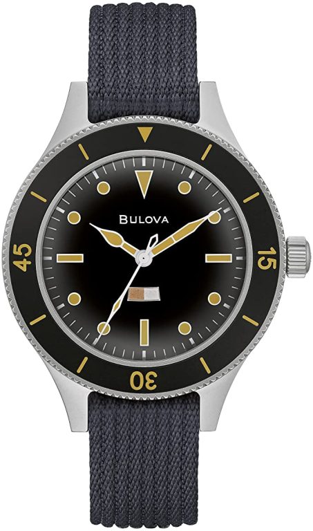 Bulova Men’s Archive Series MIL-SHIPS-W-2181 Stainless Steel 3-Hand Hack Automatic Watch, Grey Nylon Strap and Black Matte Dial Style: 98A266