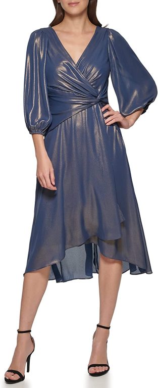 DKNY Women’s Faux Wrap Dress, Denim/Gold, 8