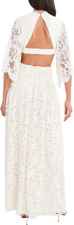 BCBGMAXAZRIA Women’s Fit and Flare Elbow Sleeve Back Cutout Lace Trim Maxi Evening Dress