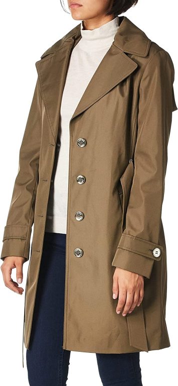 Calvin Klein Women’s Single Breasted Belted Rain Jacket with Removable Hood