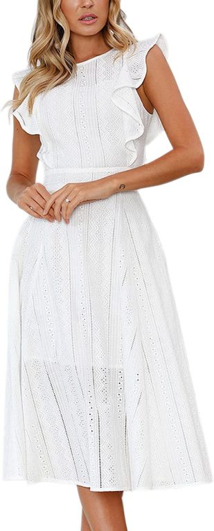 ECOWISH Womens Dresses Elegant Wedding Cocktail Ruffle Cap Sleeves Summer A-Line Midi Dress