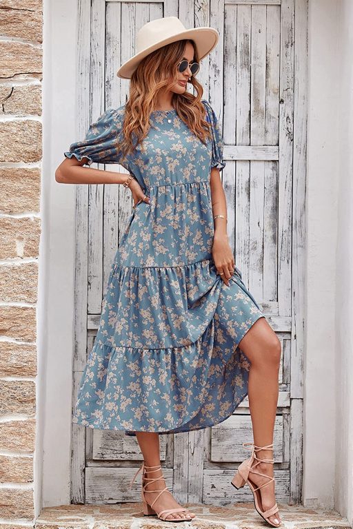 BTFBM Women Summer Bohemian Floral Casual Wrap V Neck Ruffle Cap Sleeveless Belt A-Line Pleated Hem Swing Midi Sun Dress