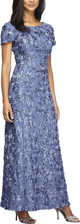 Alex Evenings Women’s Long Rosette Lace Cap Sleeve Gown