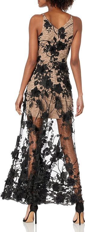 Dress the Population Women’s Embellished Plunging Gown Sleeveless Floral Long Dress