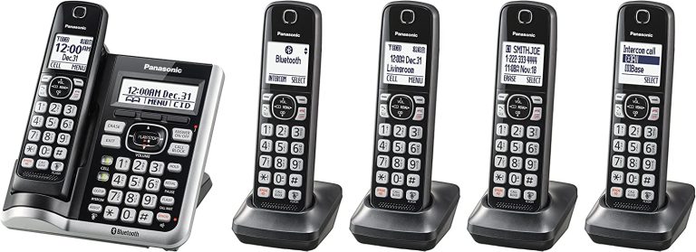 Panasonic Link2Cell Bluetooth Cordless Phone System with Voice Assistant, Call Block and Answering Machine, Expandable Home Phone with 5 Handsets â€“ KX-TGF575S (Black with Silver Trim)