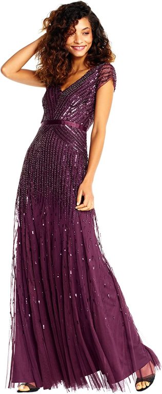 Adrianna Papell Women’s Long Beaded V-Neck Dress with Cap Sleeves and Waistband