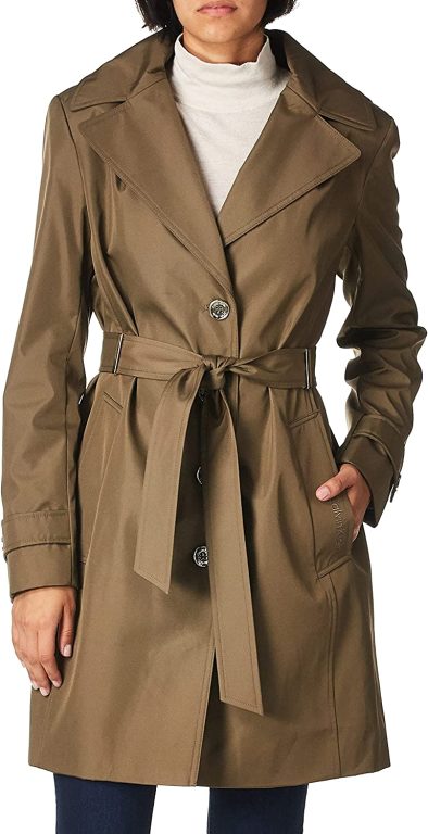 Calvin Klein Women’s Single Breasted Belted Rain Jacket with Removable Hood