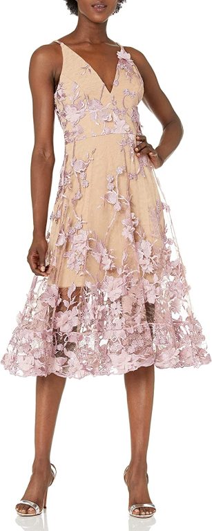 Dress the Population Women’s Audrey Spaghetti Strap Midi A-line 3D Floral Dress