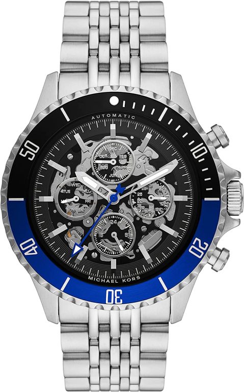 Michael Kors Men’s Bayville Automatic Watch with Stainless Steel Strap, Silver, 22 (Model: MK9045)