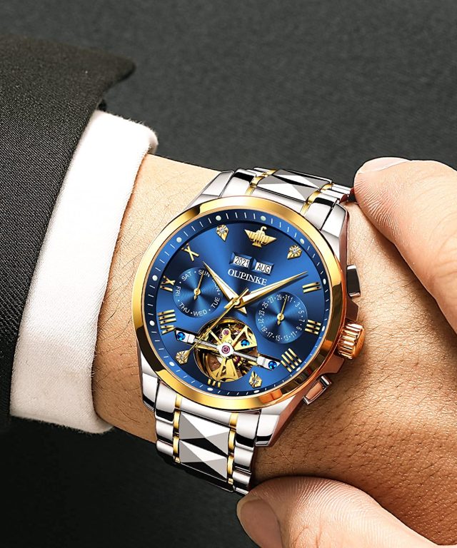 OUPINKE Watches for Men Luxury Automatic Mechanical Tungsten Steel Casual Luminous Formal Wristwatch Skeleton Waterproof Sapphire Calendar Best Gifts for Men Watch