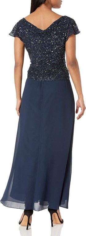 J Kara Women’s Beaded Cowl Neck Flutter Sleeve Long Dress