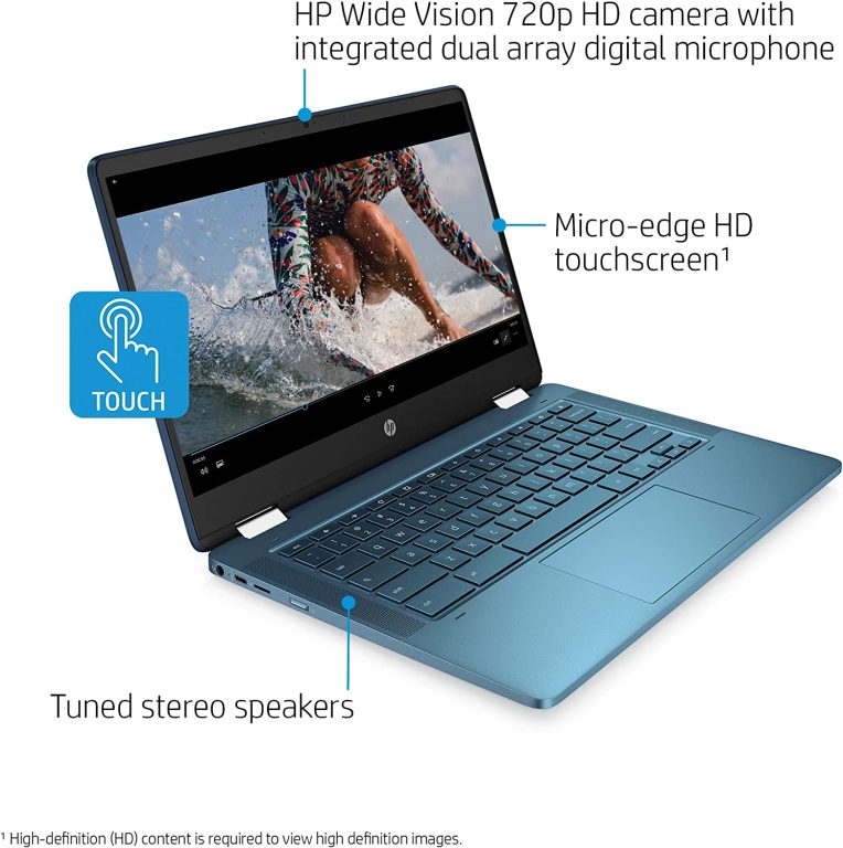 HP Laptop X360 14a Chromebook 14″ HD Touchscreen, Entertaining from Any Angle Intel Celeron, 4GB LPDDR4 64GB eMMC WiFi Webcam Stereo Speakers Bluetooth 4.2 Chrome Blue Metallic Color (Renewed)