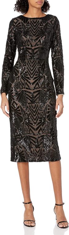 Dress the Population Women’s Emery Long Sleeve Stretch Sequin Midi Sheath