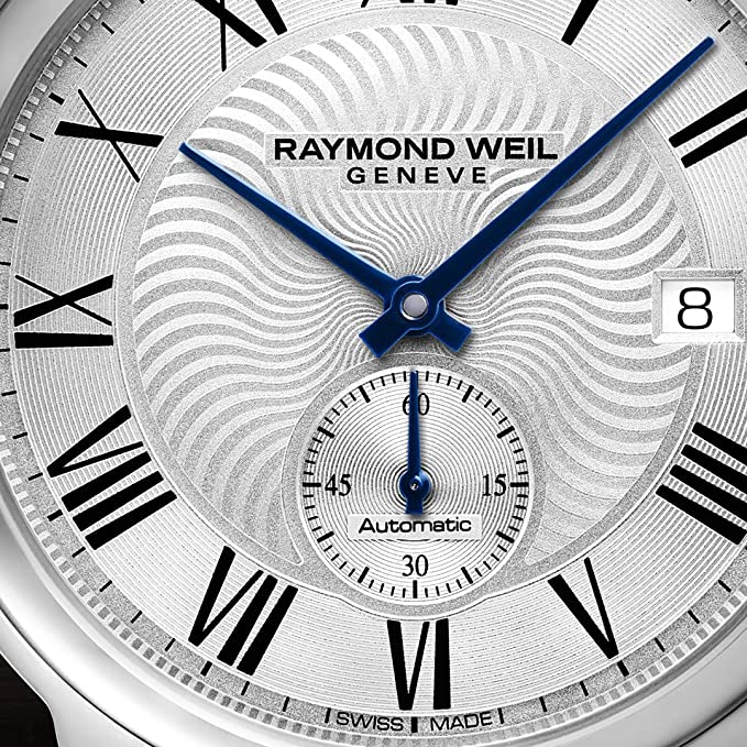 RAYMOND WEIL Maestro Men’s Automatic Watch, Stainless Steel, Silver Dial Roman Numerals, Black Leather Strap 39.5 mm (Model: 2238-STC-00659)