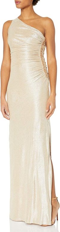 Calvin Klein One-Shoulder Gown with Side Ruching and Beaded Detail – Women’s Formal Dresses for Special Occasions